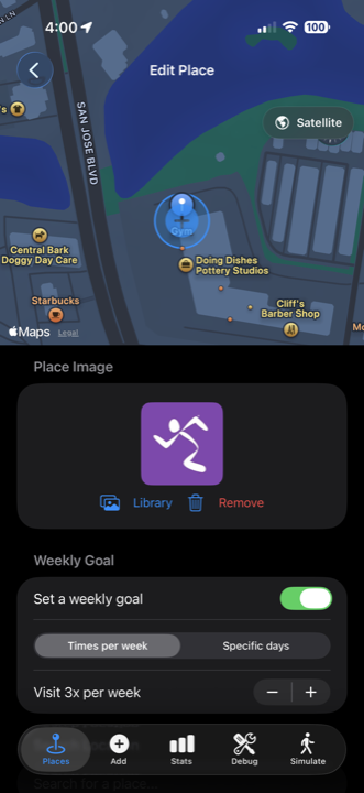 Edit Place screen showing weekly goal configuration