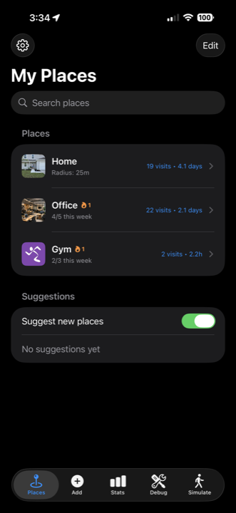 My Places screen with saved locations and visit counts