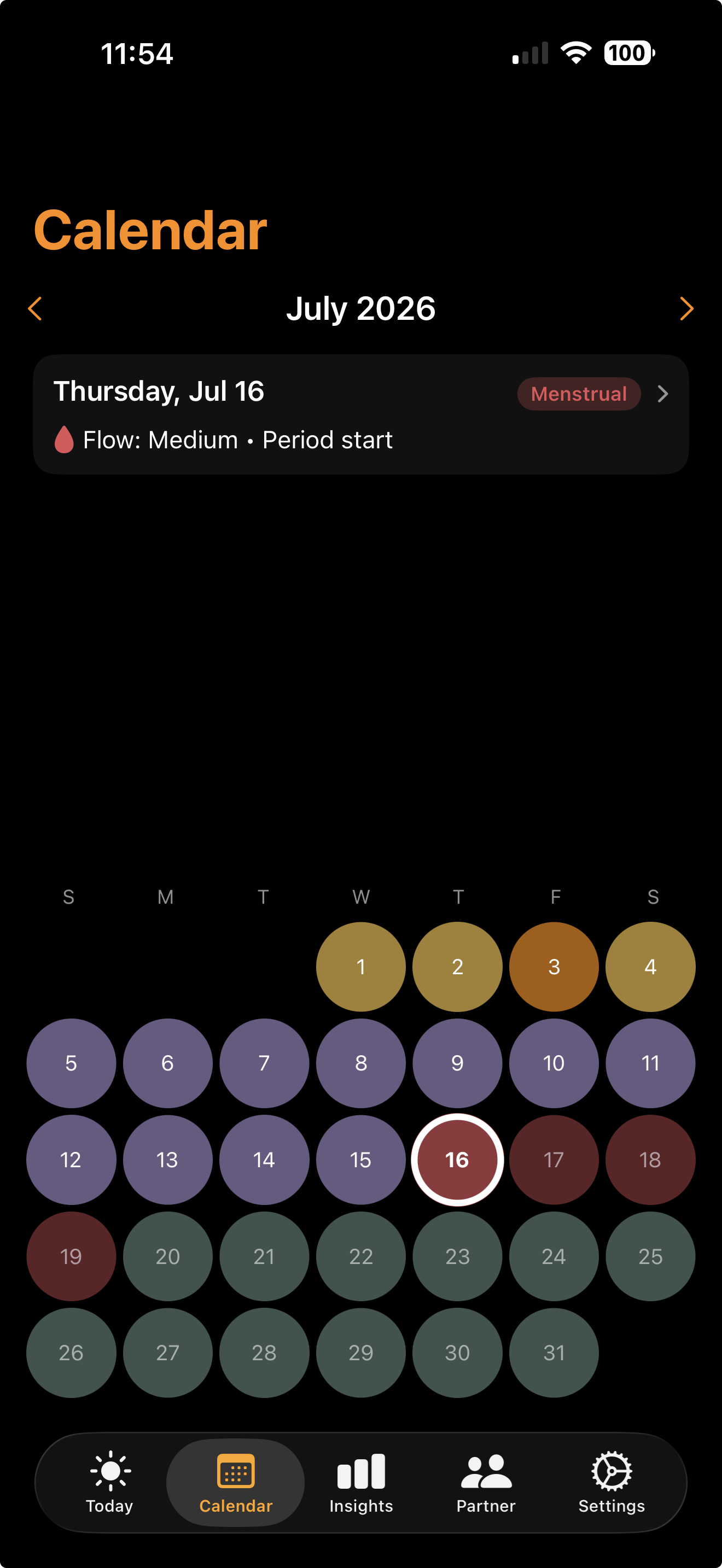 Calendar month view with phase-colored days
