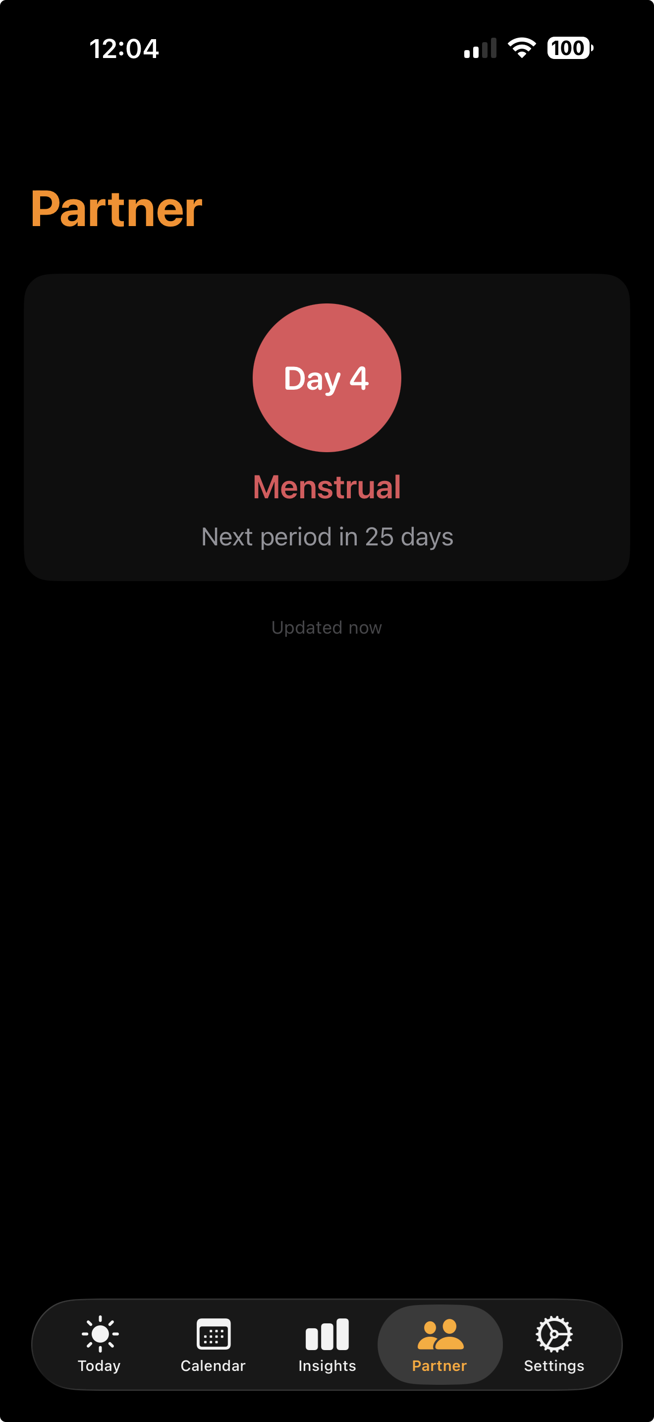 Partner screen showing a shared cycle day and phase