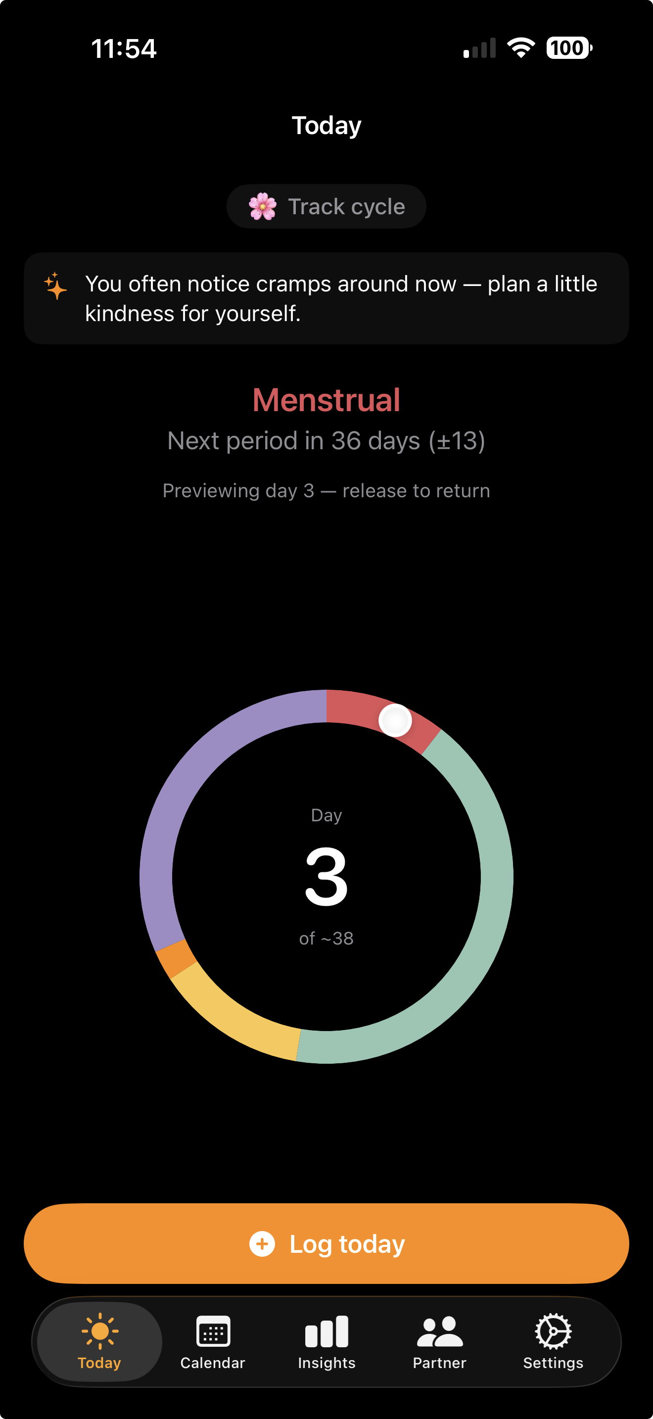 Today screen with a cycle wheel showing the current day and phase