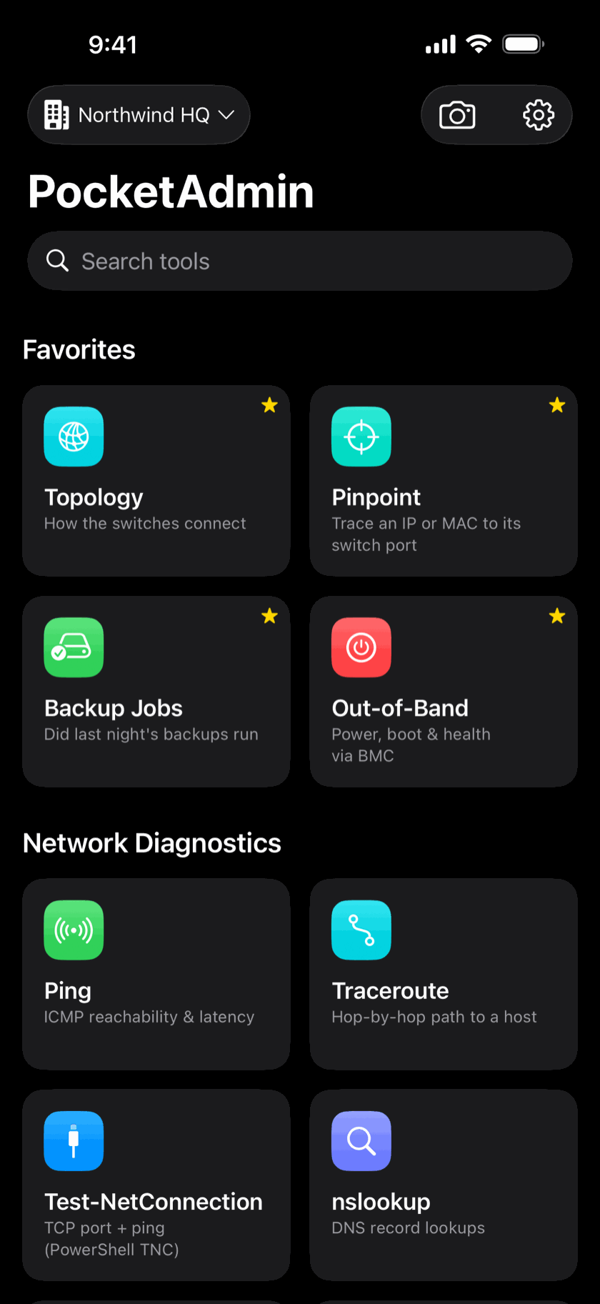 PocketAdmin home screen with favorite tools and the Network Diagnostics tools
