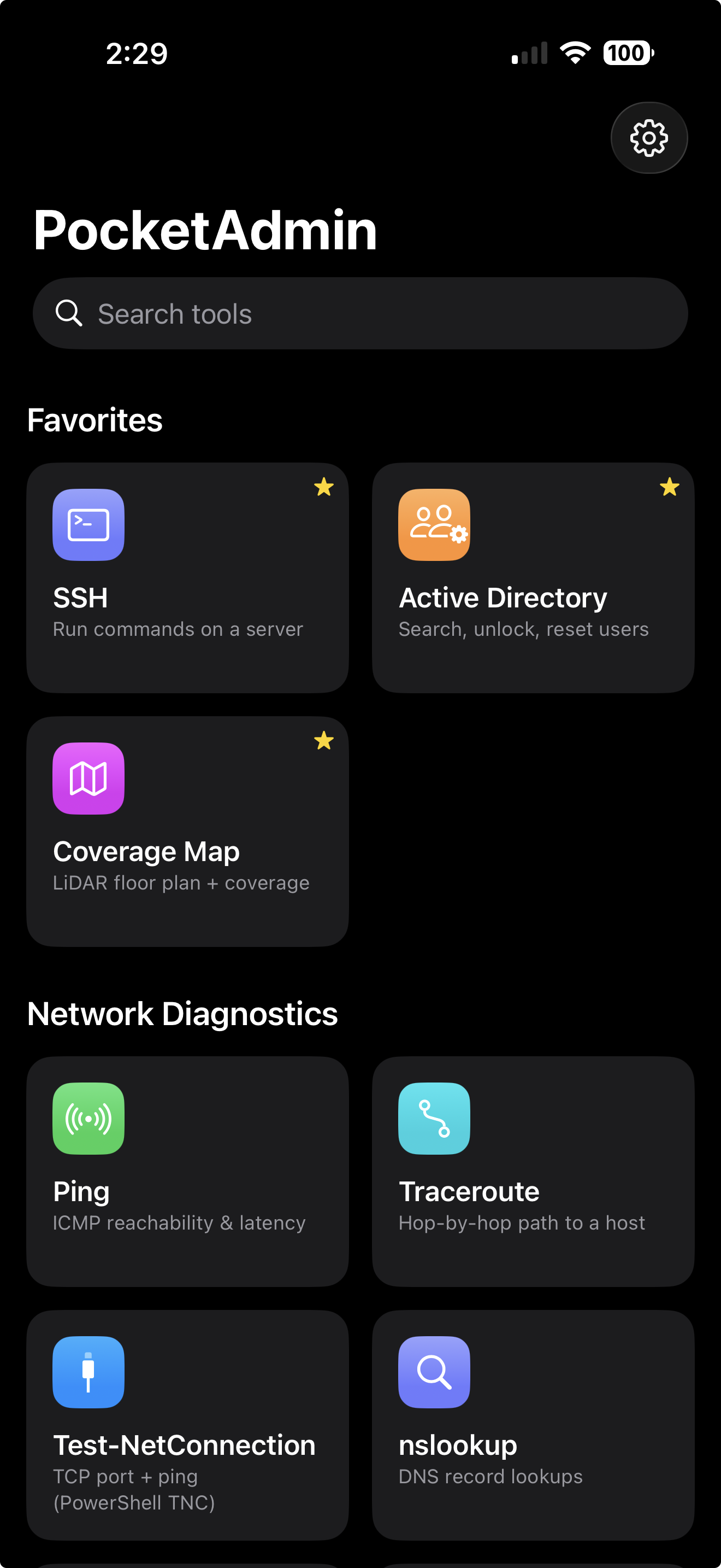 PocketAdmin favorites with SSH, Active Directory, and Coverage Map