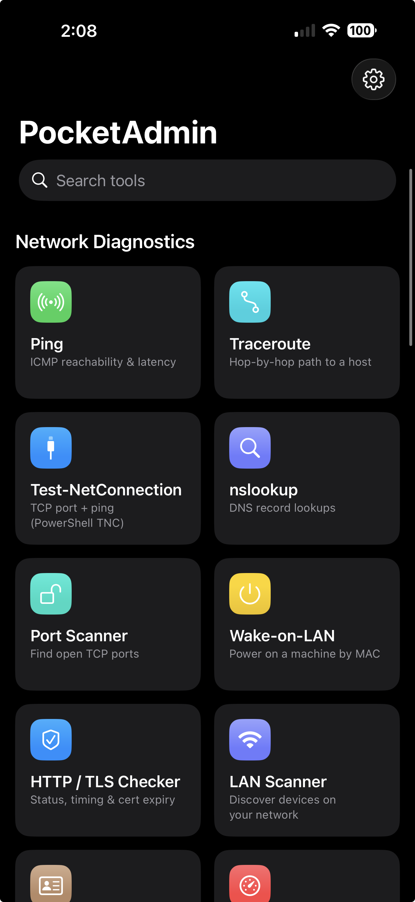 PocketAdmin home screen with the tool grid