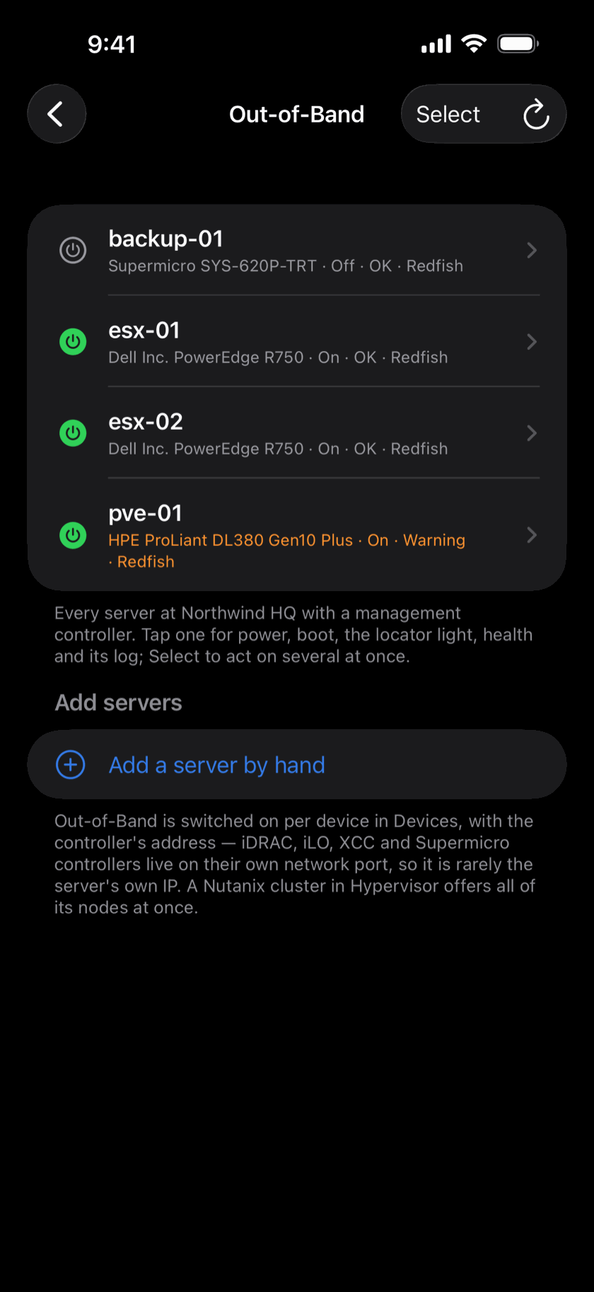 Out-of-Band list of four servers with power state and health