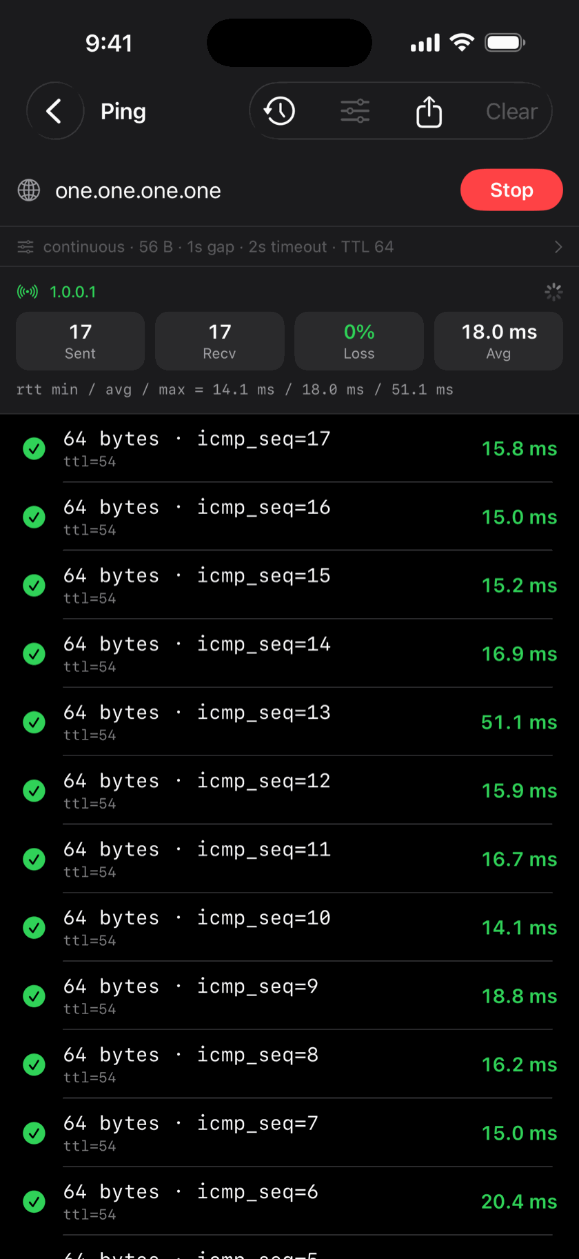 Ping to one.one.one.one showing 17 replies, 0% loss and an 18 ms average
