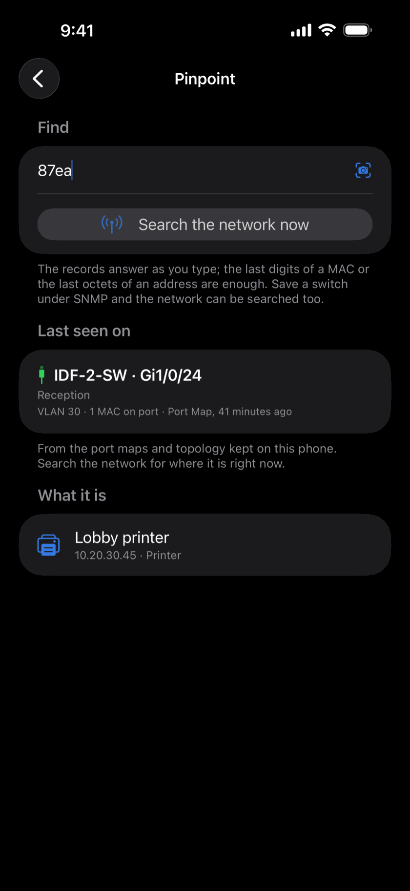 Pinpoint finding the lobby printer on switch IDF-2-SW port Gi1/0/24 from four characters of its MAC address