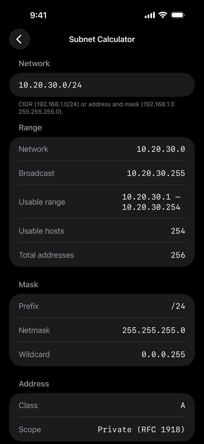 Subnet Calculator showing the range, masks and scope of 10.20.30.0/24