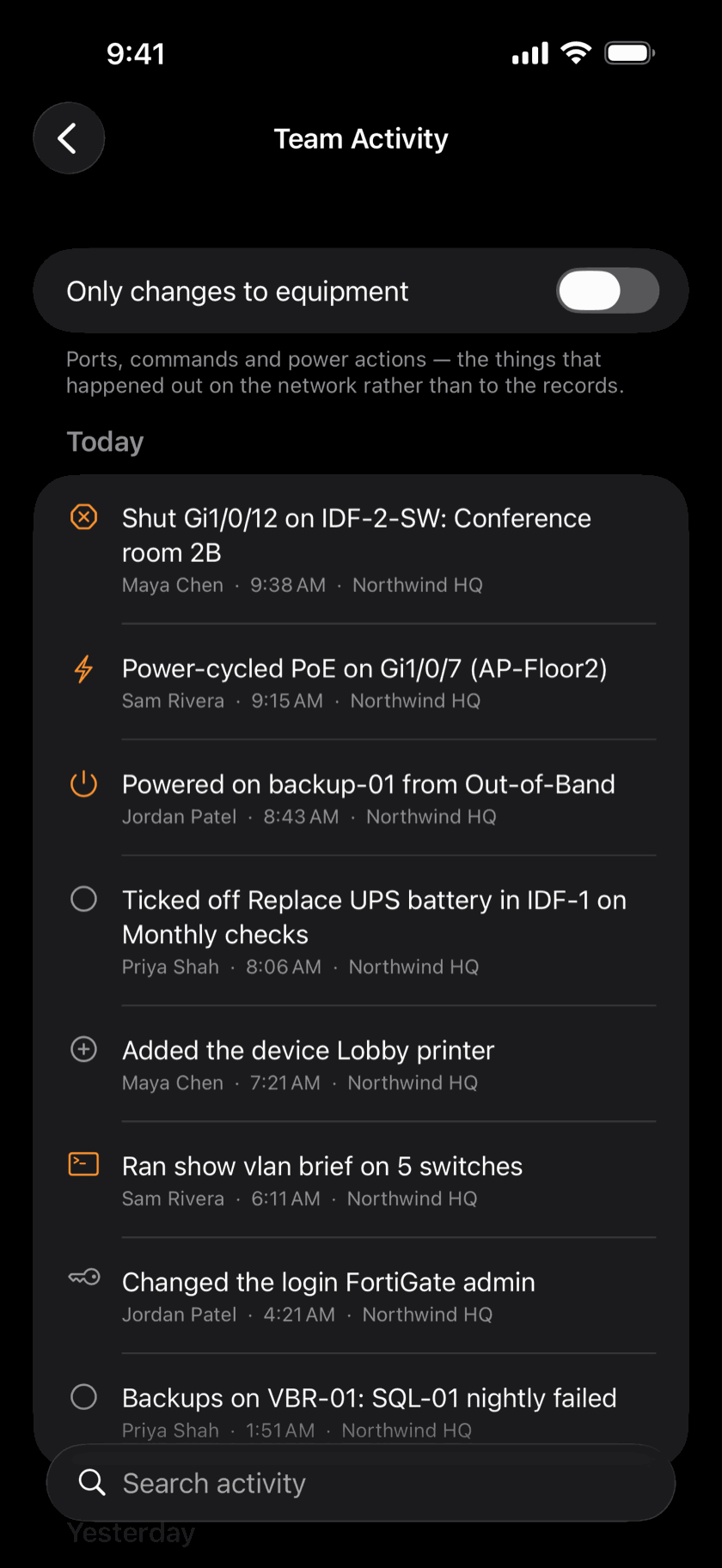 Team Activity listing a shut port, a PoE power-cycle and a server powered on, each with who did it and when