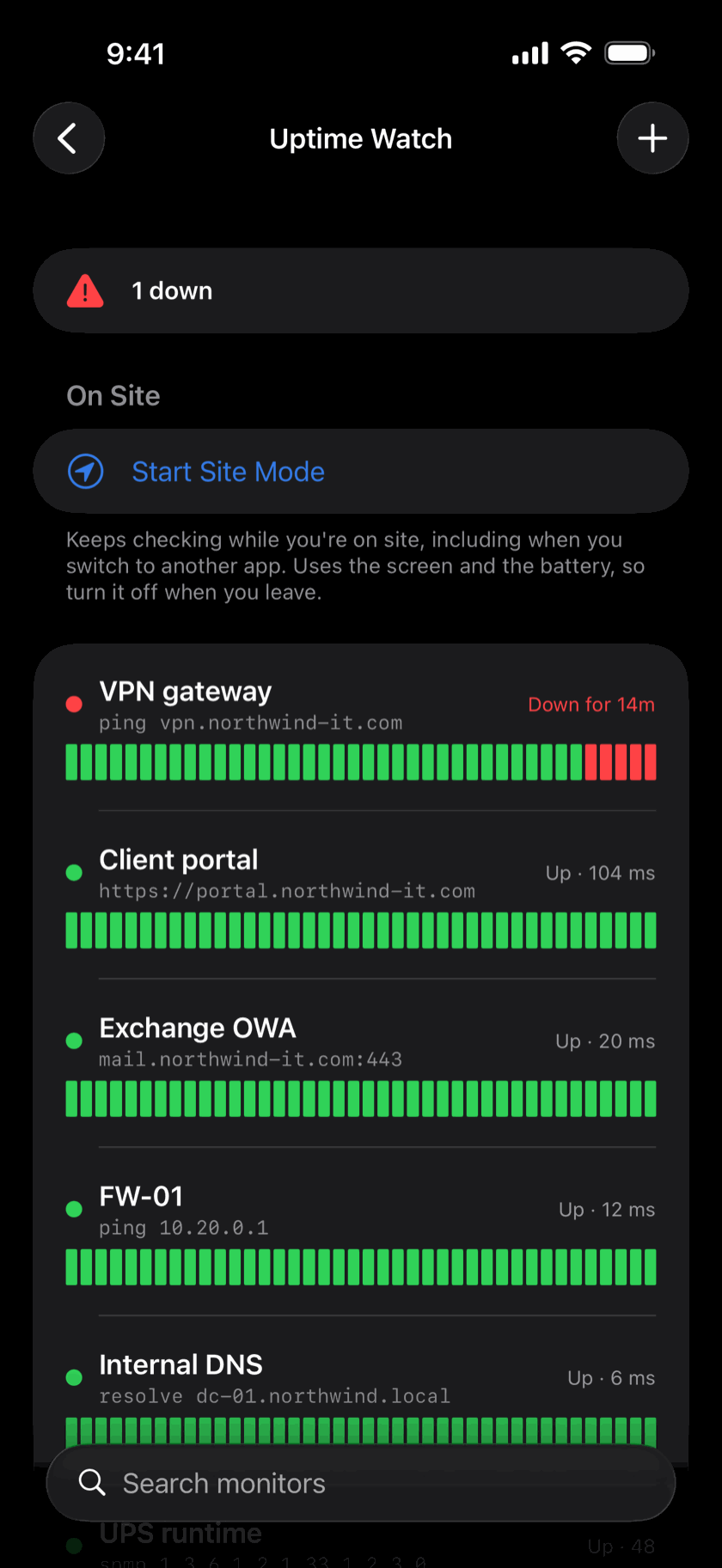 Uptime Watch with one monitor down and the rest up, each with a history bar